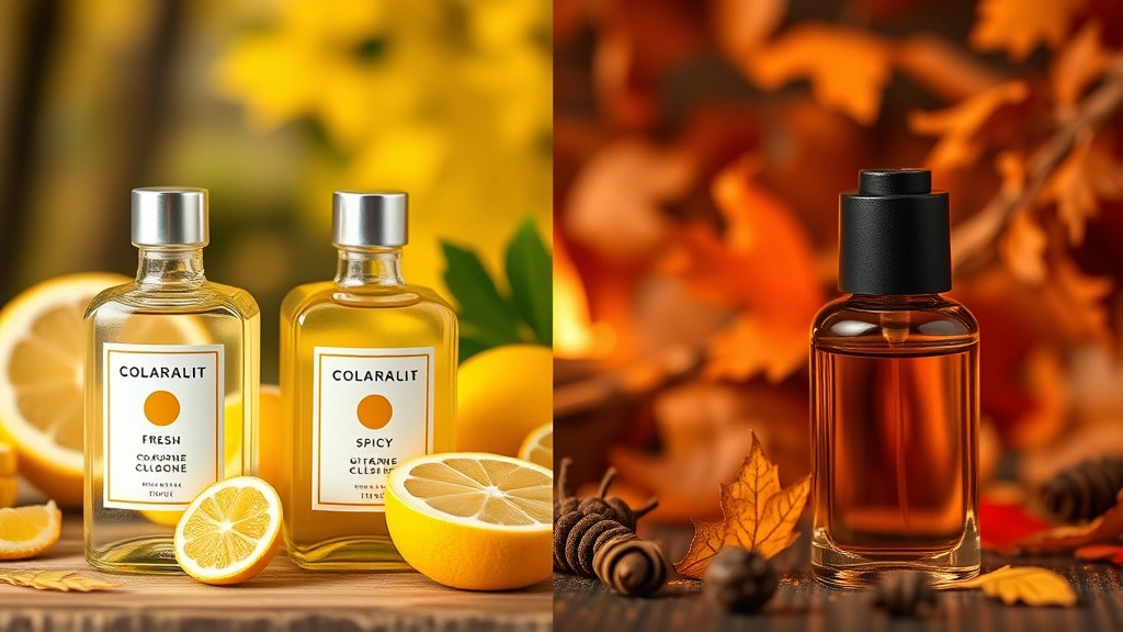 masculine cologne - 
Split-screen comparison showing fresh citrus cologne bottles on left, warm spic