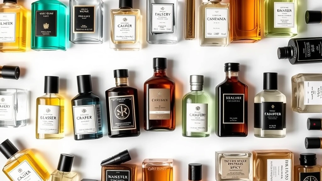 men's cologne fragrances - 
Overhead flat lay of different men’s cologne bottles arranged by fragranc