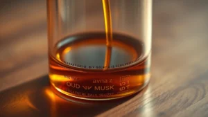 men's fragrances with best dry down - Close-up of fragrance bottle base showing amber liquid with oud and musk ingredi