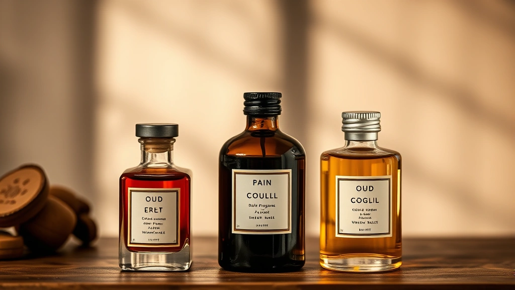 mens oud fragrances - 
Fragrance bottle collection featuring three different oud fragrances arranged b