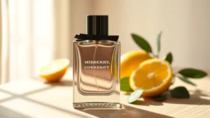 mister burberry cologne - Mister Burberry cologne bottle on a light wood surface with morning sunlight str