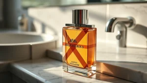 mr burberry cologne - Close-up of Mr Burberry Cologne bottle with Burberry check pattern, sitting on a