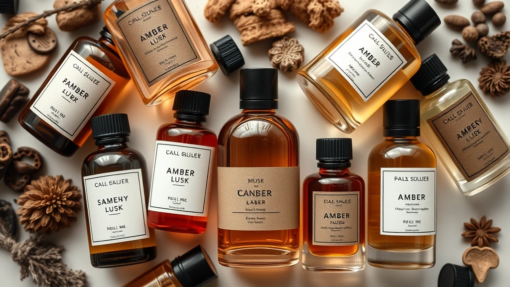 musk fragrances - 
Flat lay of fragrance bottles with woody, amber, and musk scents arranged toget