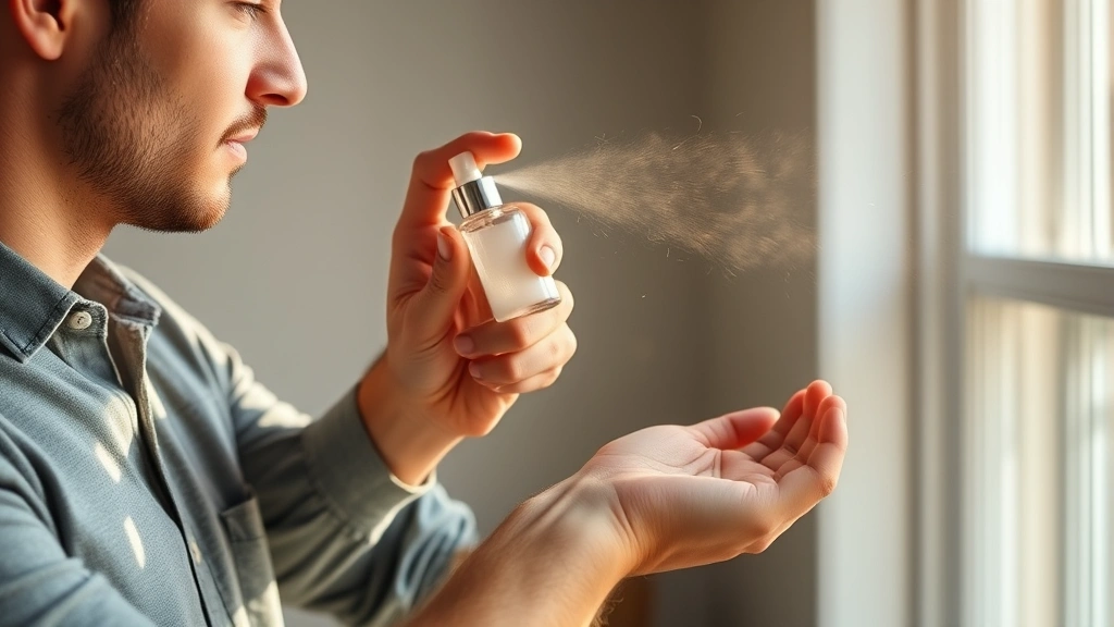 natural cologne for men - 
Man spraying natural cologne on his wrist with morning sunlight coming through 