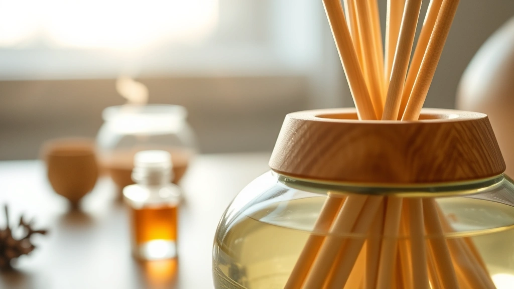 natures garden fragrance oils -
Close-up of reed diffuser with fragrance oil absorbing into wooden reeds, soft