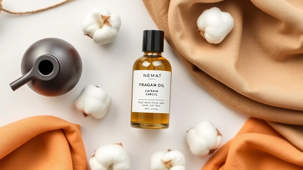 nemat fragrance oil - 
Flat lay arrangement of nemat fragrance oil surrounded by diffuser, cotton ball
