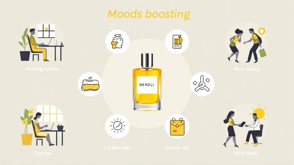 neroli fragrance - 
Infographic-style layout showing 8 mood-boosting scenarios: morning routine, wo