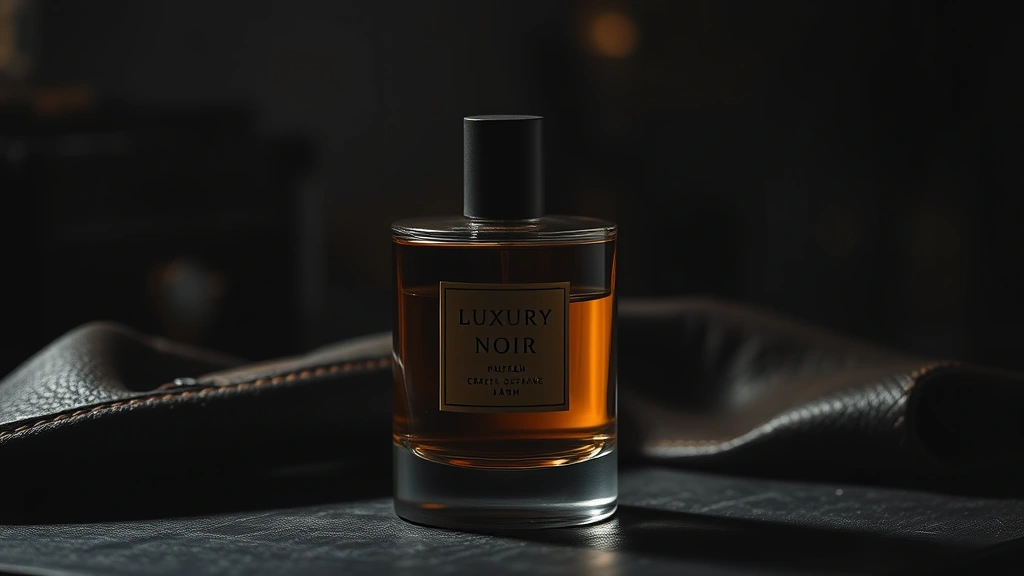 noir fragrance - 
Luxury noir fragrance bottle displayed with dark amber and leather textures in 