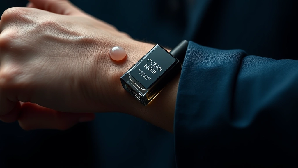 ocean noir cologne - 
Close-up of hands applying ocean noir cologne to wrist pulse point with water d