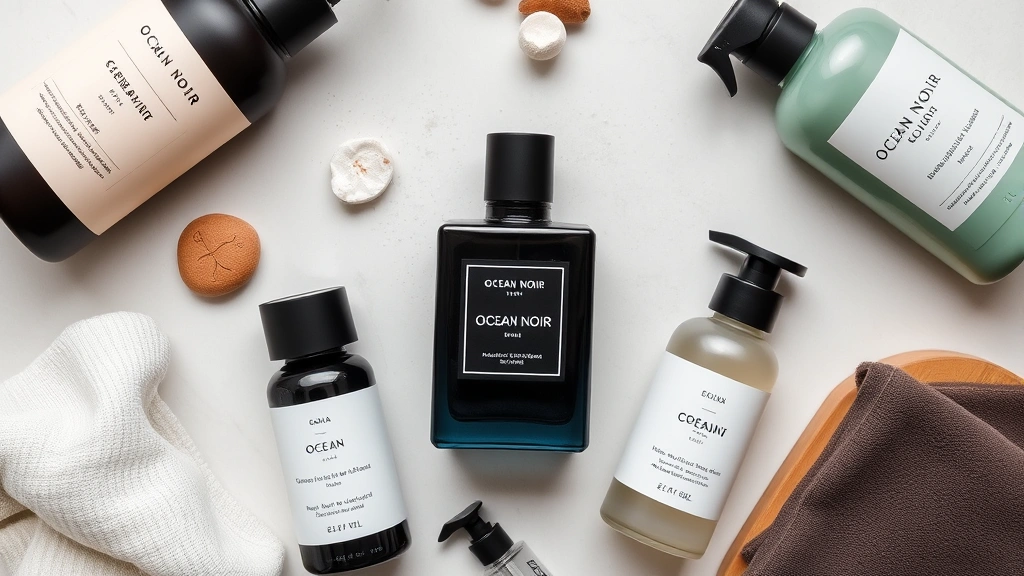 ocean noir cologne - 
Flat lay showing ocean noir cologne surrounded by complementary layering produc