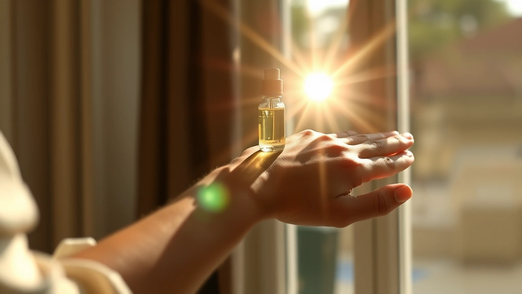 orange fragrance - 
Person applying fragrance to wrist pulse point with sun streaming through windo
