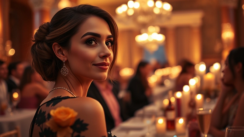 oriental vanilla fragrances - 
Elegant evening event scene with woman wearing oriental vanilla fragrance, warm