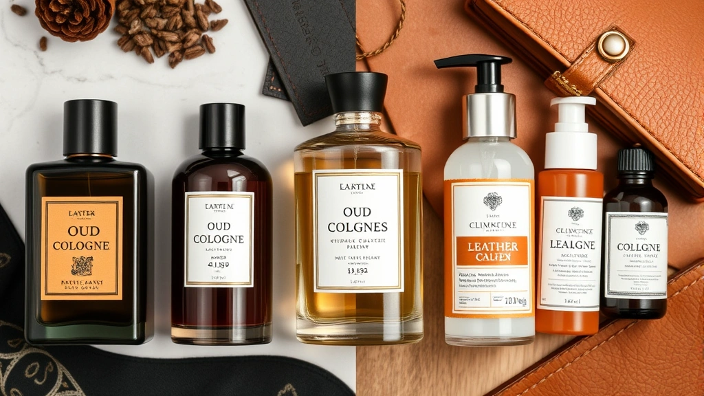 oud cologne - 
Styled flat lay comparison of oud cologne alongside leather cologne, oriental f