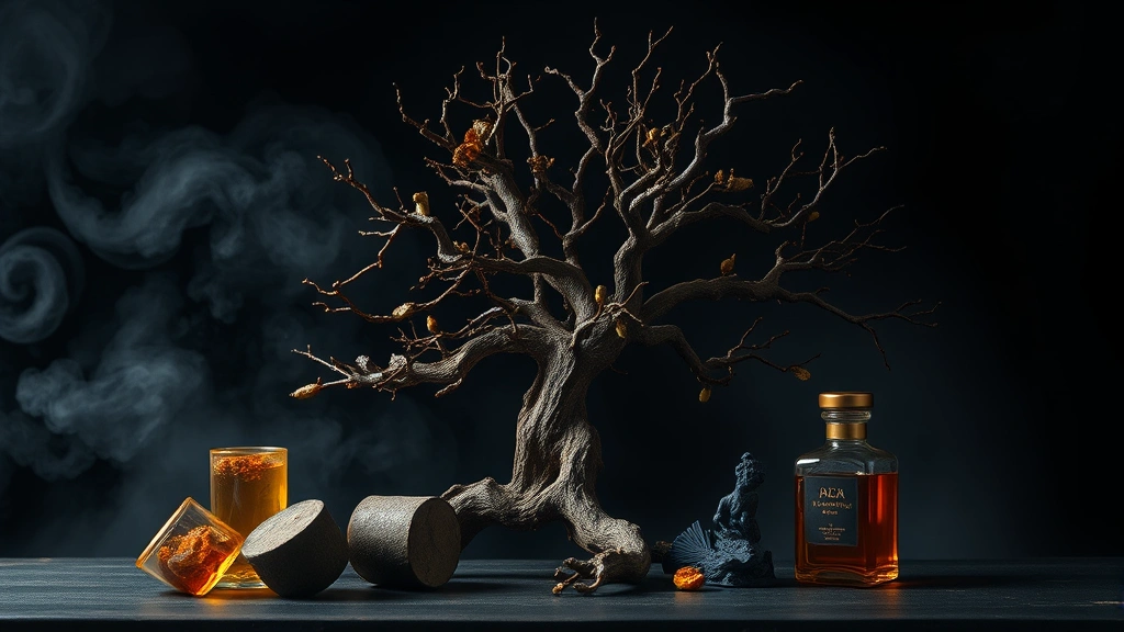 oud fragrance for women -
Agarwood tree and oud resin collection in a moody, atmospheric setting highligh
