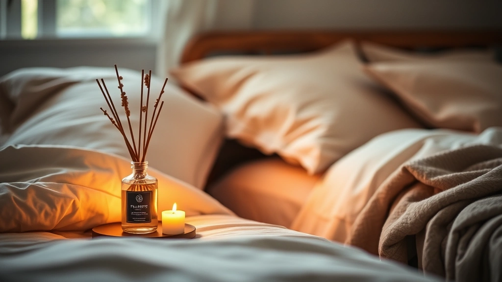 palo santo fragrance - 
Cozy bedroom scene with palo santo fragrance on nightstand, soft warm lighting,