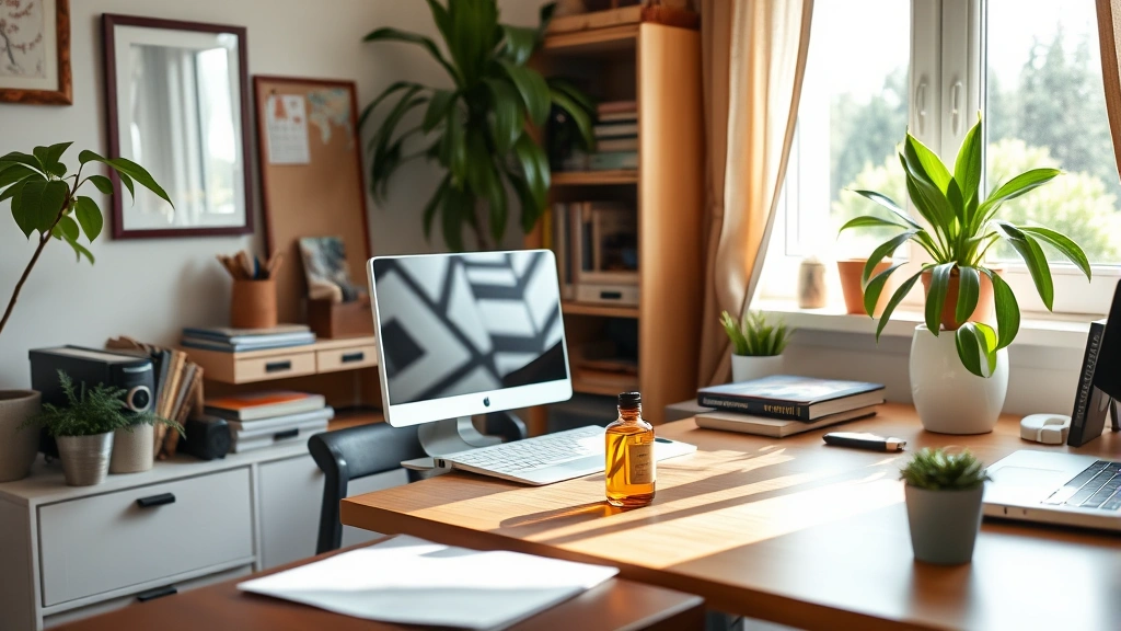 palo santo fragrance - 
Home office workspace with palo santo fragrance visible, organized desk, natura