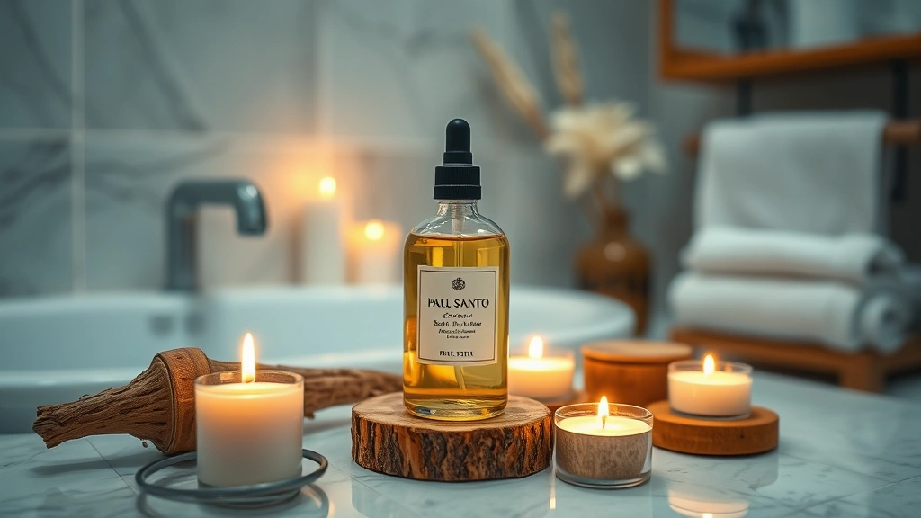palo santo fragrance - 
Spa-like bathroom setting with palo santo fragrance bottle, candles, and wooden