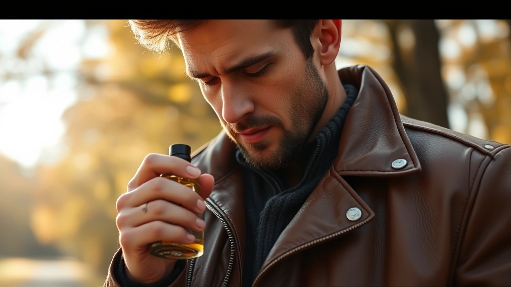 patchouli cologne - 
Man wearing patchouli cologne in leather jacket during fall season with natural