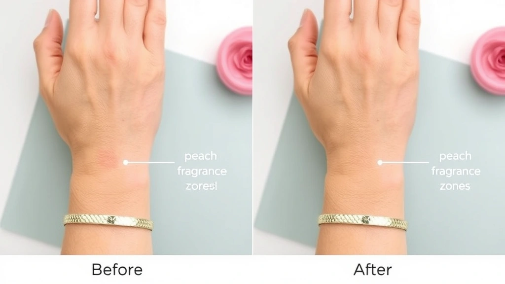 peach fragrance - 
Before and after visual showing pulse points on a wrist with peach fragrance ap