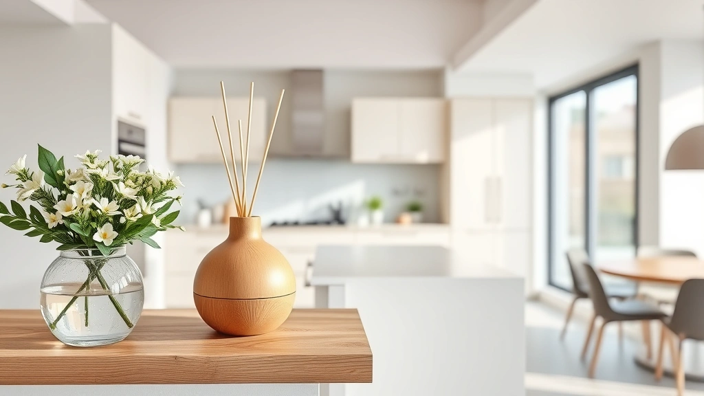 pear fragrance - 
Modern home interior with diffuser on wooden shelf in bright kitchen, pear-colo