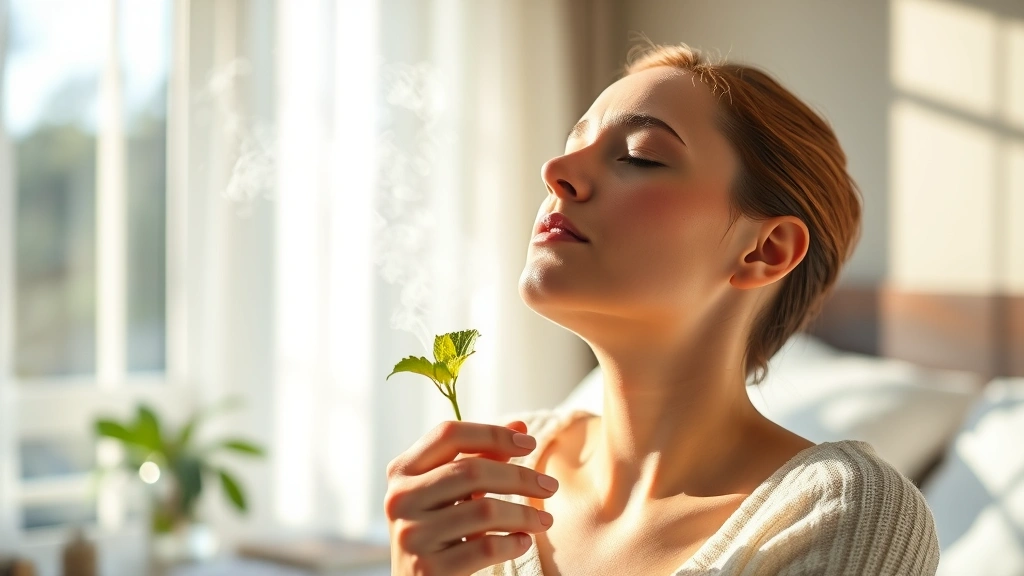 pear fragrance - 
Person enjoying fresh scent with eyes closed in sunlit bedroom, suggesting rela