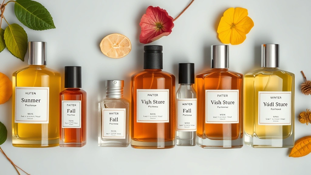 perfume cologne fragrances - 
Flat lay of multiple perfume bottles arranged by season—fresh citrus for summer