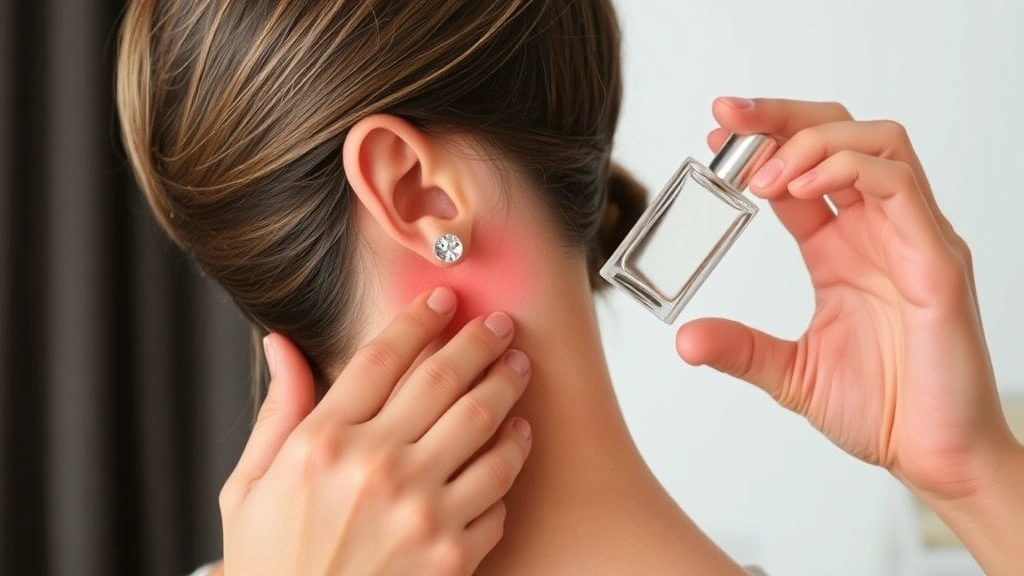 perfume cologne fragrances - 
Person applying fragrance to neck and behind ear, showing proper pulse point ap