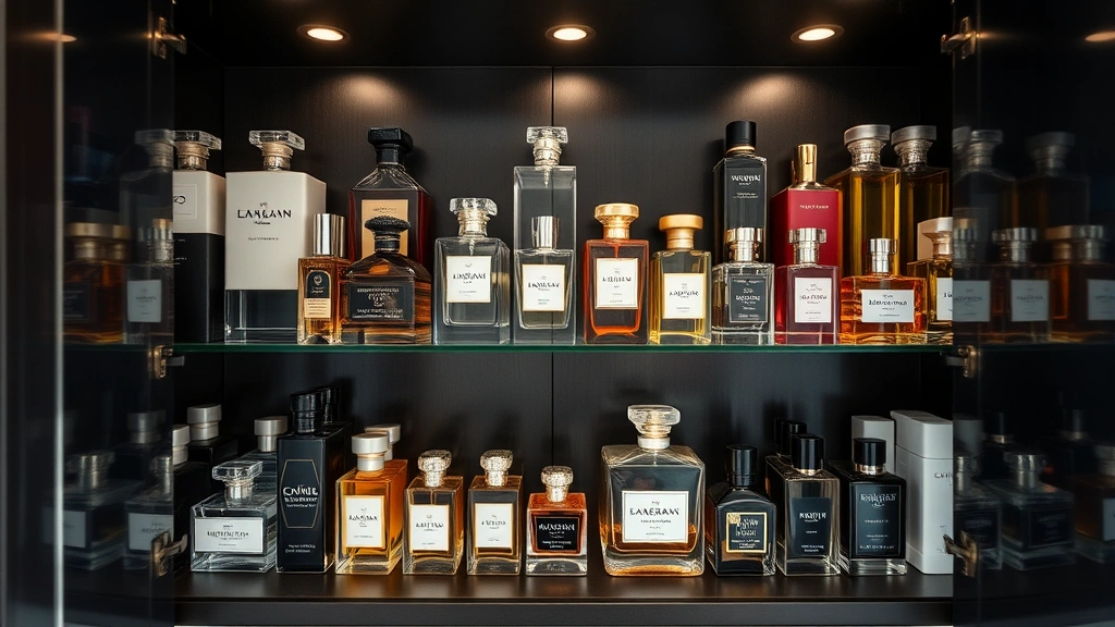 perfume fragrance for women - 
Organized fragrance storage in cool dark cabinet with various perfume bottles p