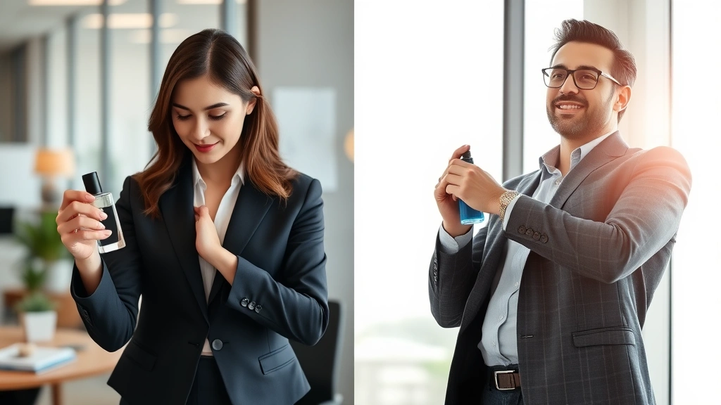 perfume vs cologne -
Professional woman applying perfume to pulse point at wrist in office setting,