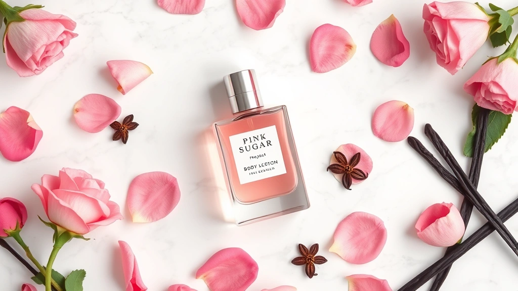 pink sugar fragrance - 
Flat lay of pink sugar fragrance bottle surrounded by matching body lotion, ros