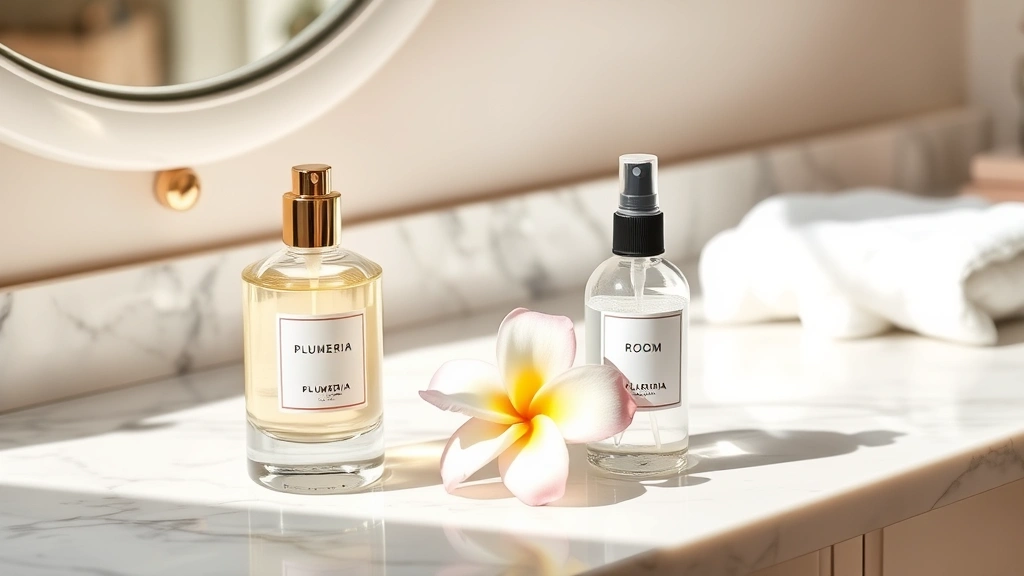 plumeria fragrance - 
Elegant vanity setup with plumeria fragrance bottle, diffuser, and room spray o