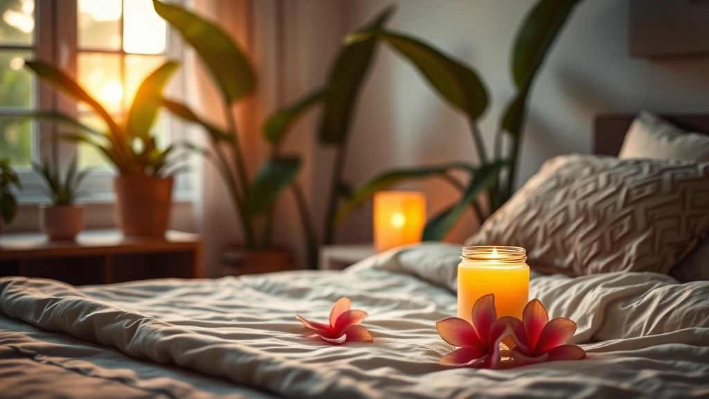 plumeria fragrance - 
Cozy bedroom scene with plumeria-scented candle glowing, tropical plants in bac