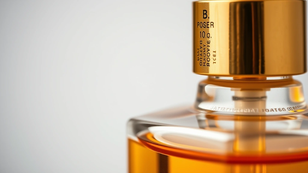 poison fragrance - 
Close-up of fragrance bottle spray mechanism with amber liquid visible, profess
