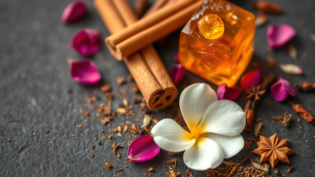 poison fragrance - 
Spice and floral ingredients—cinnamon sticks, tuberose petals, amber resin—arra