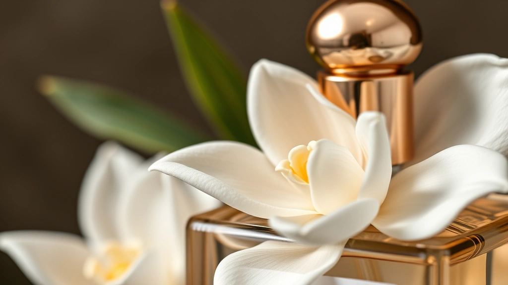 portrait of a lady fragrance - 
Close-up of fragrance bottle with gardenia and tuberose flowers, luxurious and 