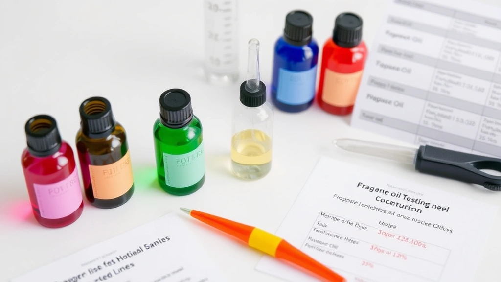 quality fragrance oils - 
Fragrance oil testing setup with color-coded bottles, measuring tools, and docu