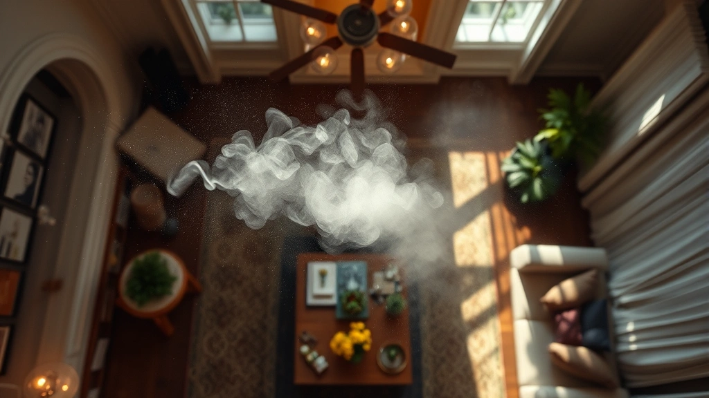 room fragrance spray - 
Overhead view of fragrance spray mist dispersing in a living room with visible 