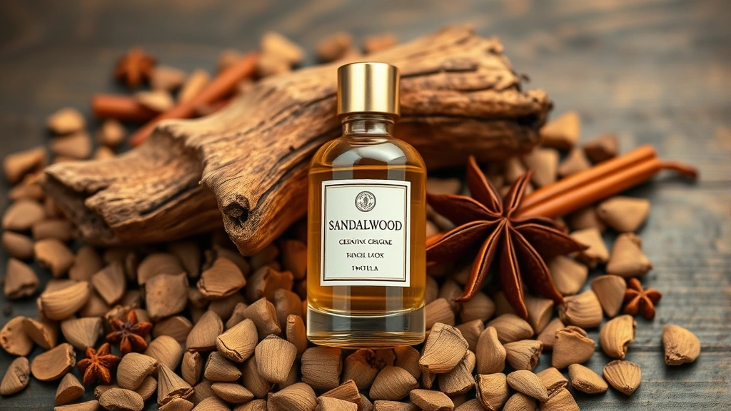 sandalwood cologne for men -
Sandalwood cologne bottle surrounded by sandalwood wood chips and complementary