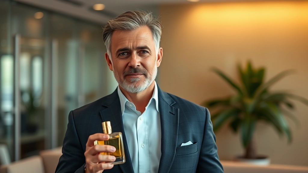 santal fragrance - 
Professional man in office setting wearing santal fragrance, subtle aura around