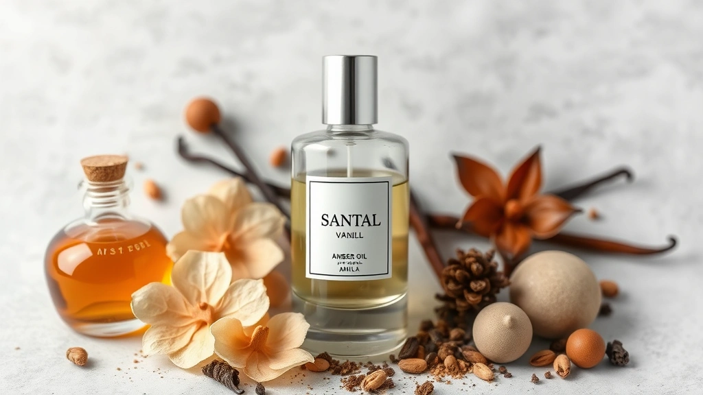 santal fragrance - 
Santal fragrance bottle surrounded by complementary amber oil, vanilla essence,