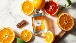 santos de cartier cologne - Santos de Cartier cologne bottle displayed on marble surface with fresh citrus f