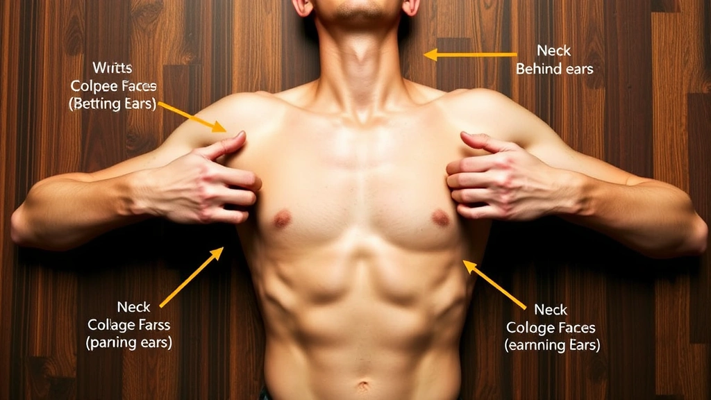 savage men's cologne -
Flatlay of cologne application points on male body—wrists, neck, behind ears—wi