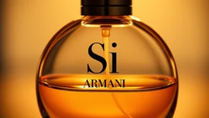 si armani fragrance - Close-up of Si Armani fragrance bottle with warm amber lighting showing the slee