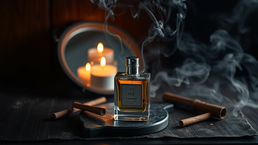 smoke and mirrors cologne - 
Lifestyle shot of smoke and mirrors cologne on dark wooden surface with incense