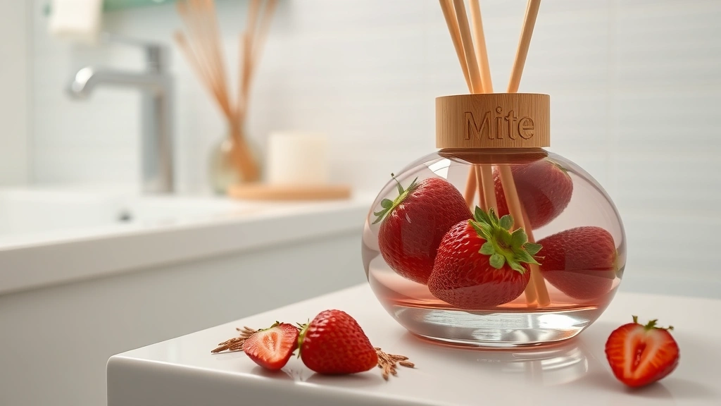 strawberry fragrance - 
Close-up of strawberry fragrance diffuser with reeds in modern bathroom, clean 