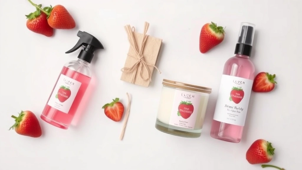 strawberry fragrance - 
Flat lay arrangement showing multiple strawberry fragrance products—spray bottl