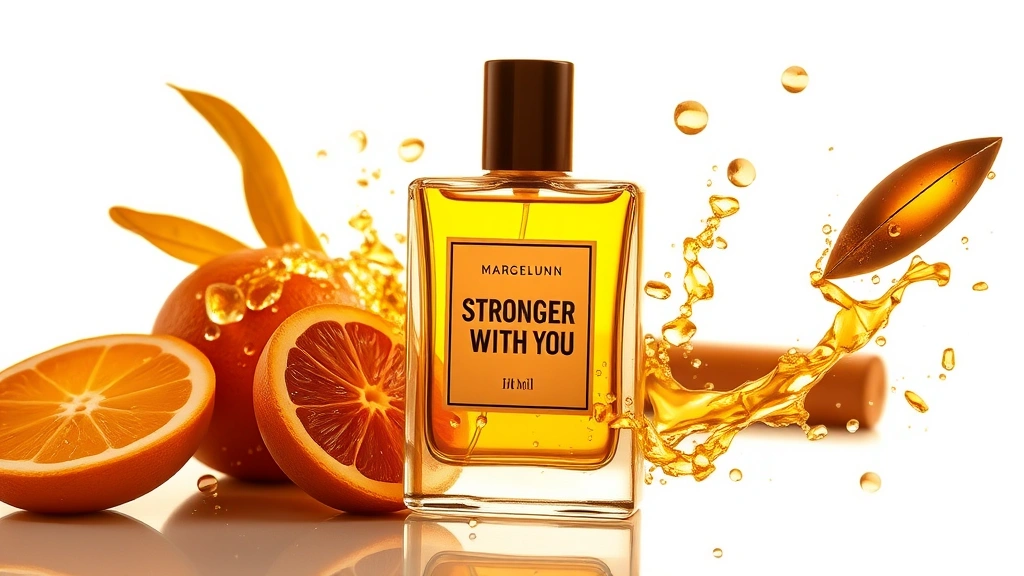 stronger with you cologne - 
Bottle of Stronger With You cologne with amber and citrus ingredients floating 