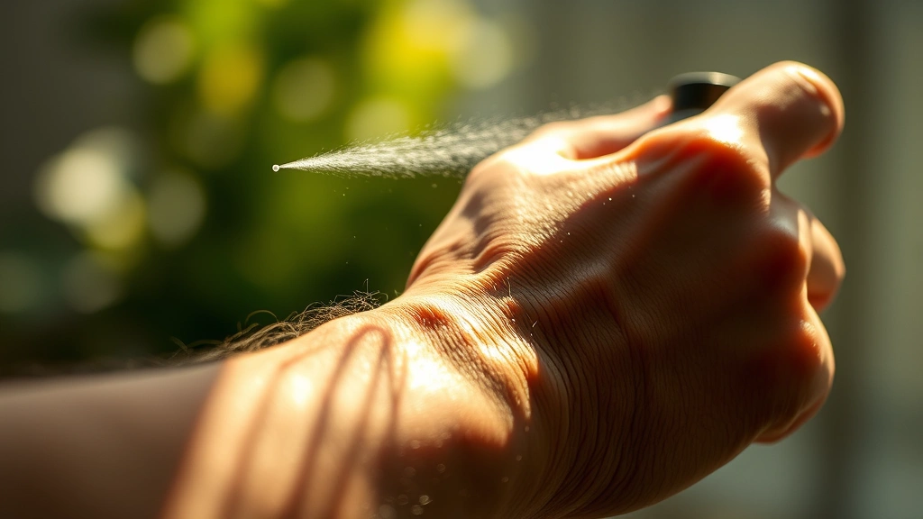 summer mink cologne drake - 
Close-up of cologne spray on wrist showing application, natural sunlight highli