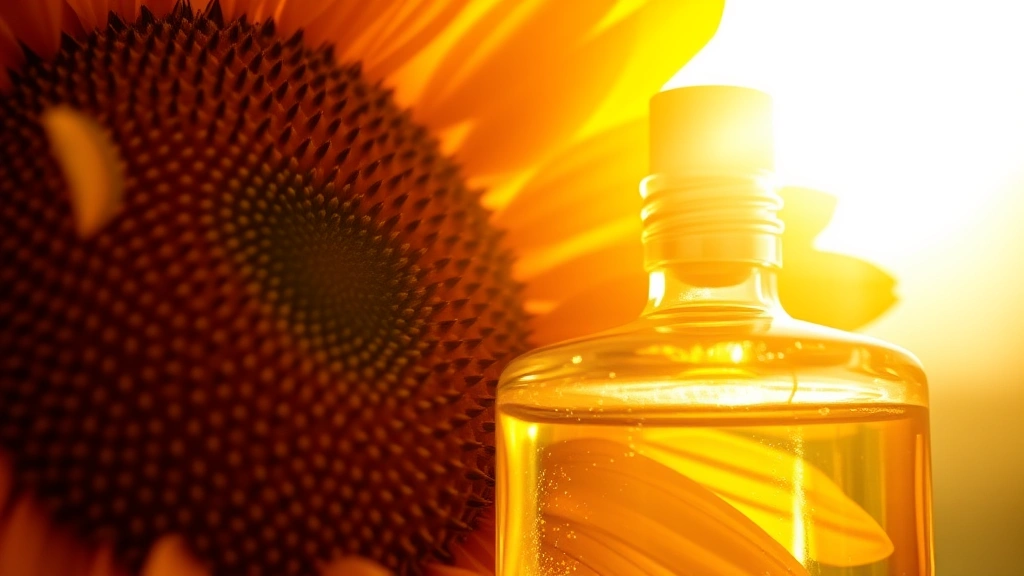 sunflower fragrance - 
Close-up of a sunflower fragrance bottle with warm, golden light streaming thro
