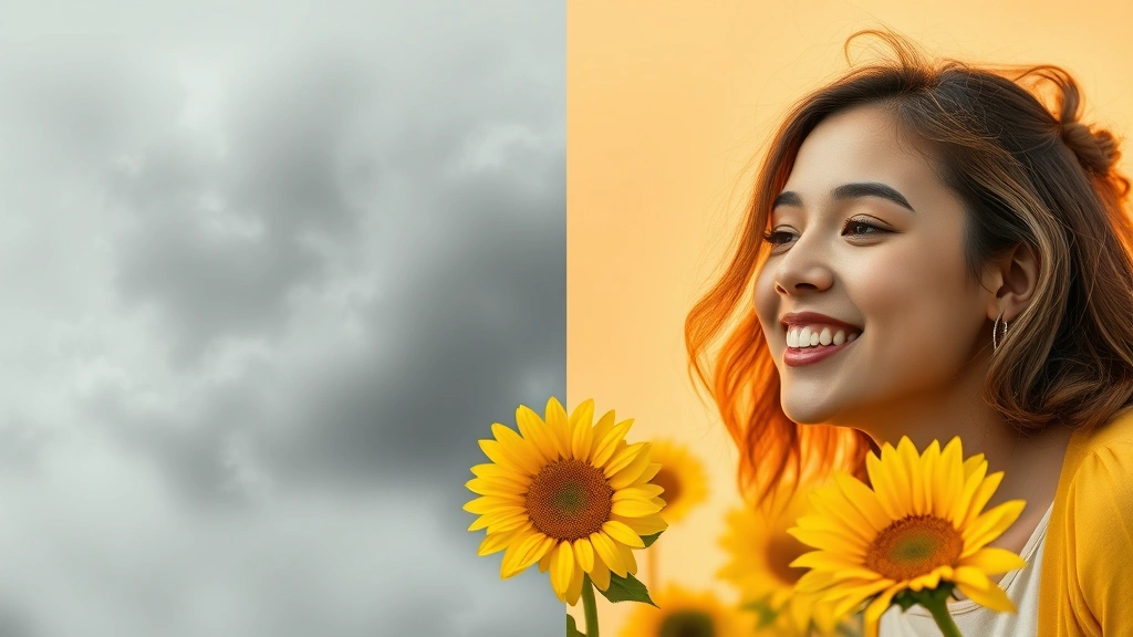 sunflower fragrance - 
Split-screen comparison showing emotional transformation: left side showing gra